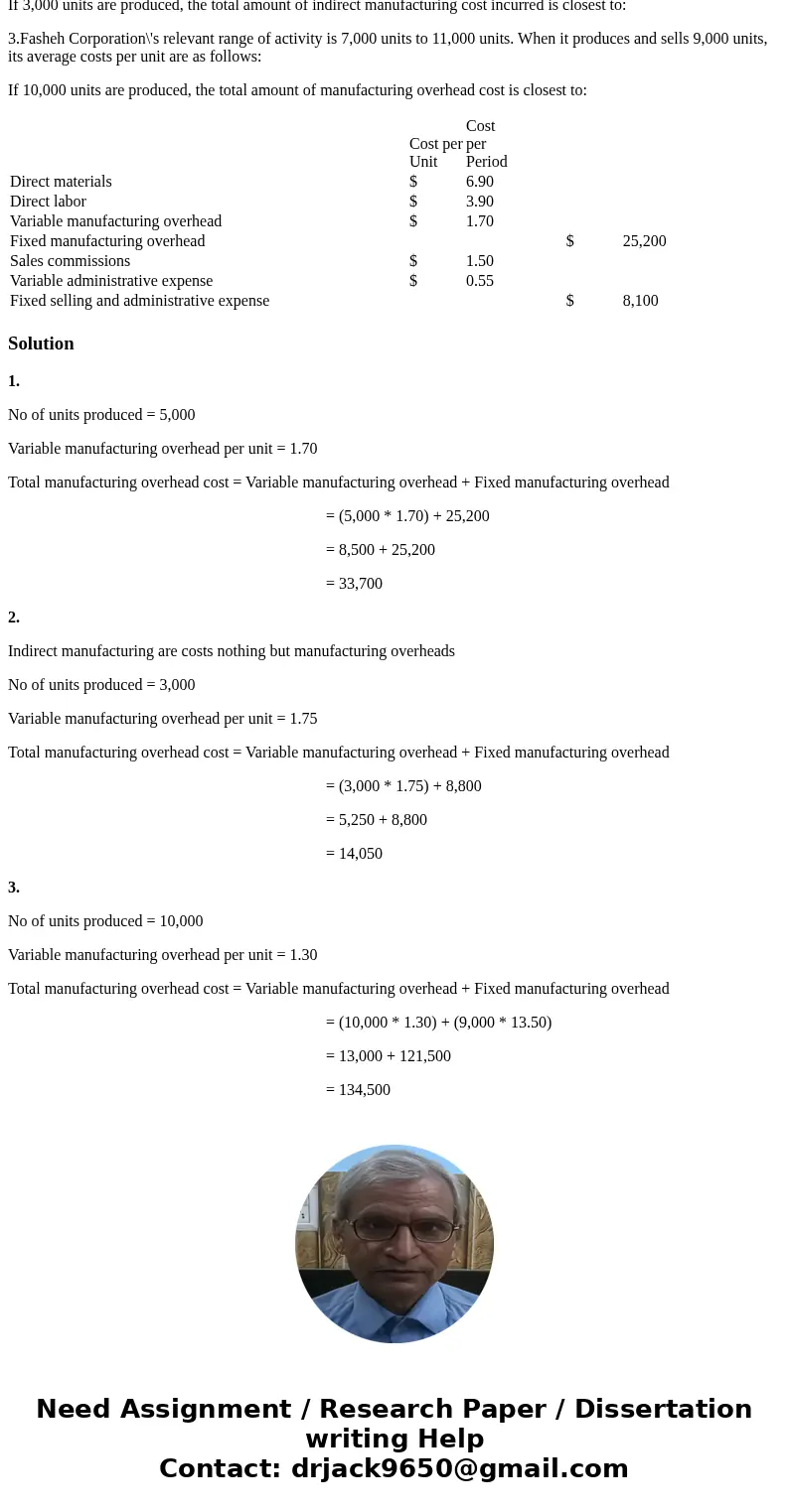 1.Sparacino Corporation has provided the following information: If 5,000 units are produced, the total amount of manufacturing overhead cost is closest to: 2. G