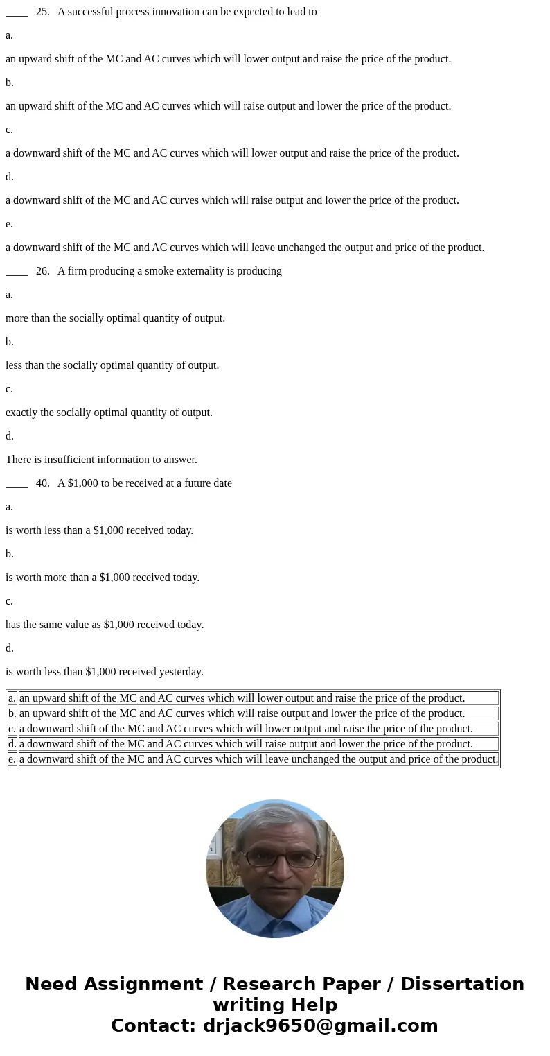 ____ 25. A successful process innovation can be expected to lead to a. an upward shift of the MC and AC curves which will lower output and raise the price of th ____ 25. A successful process innovation can be expected to lead to a. an upward shift of the MC and AC curves which will lower output and raise the price of th