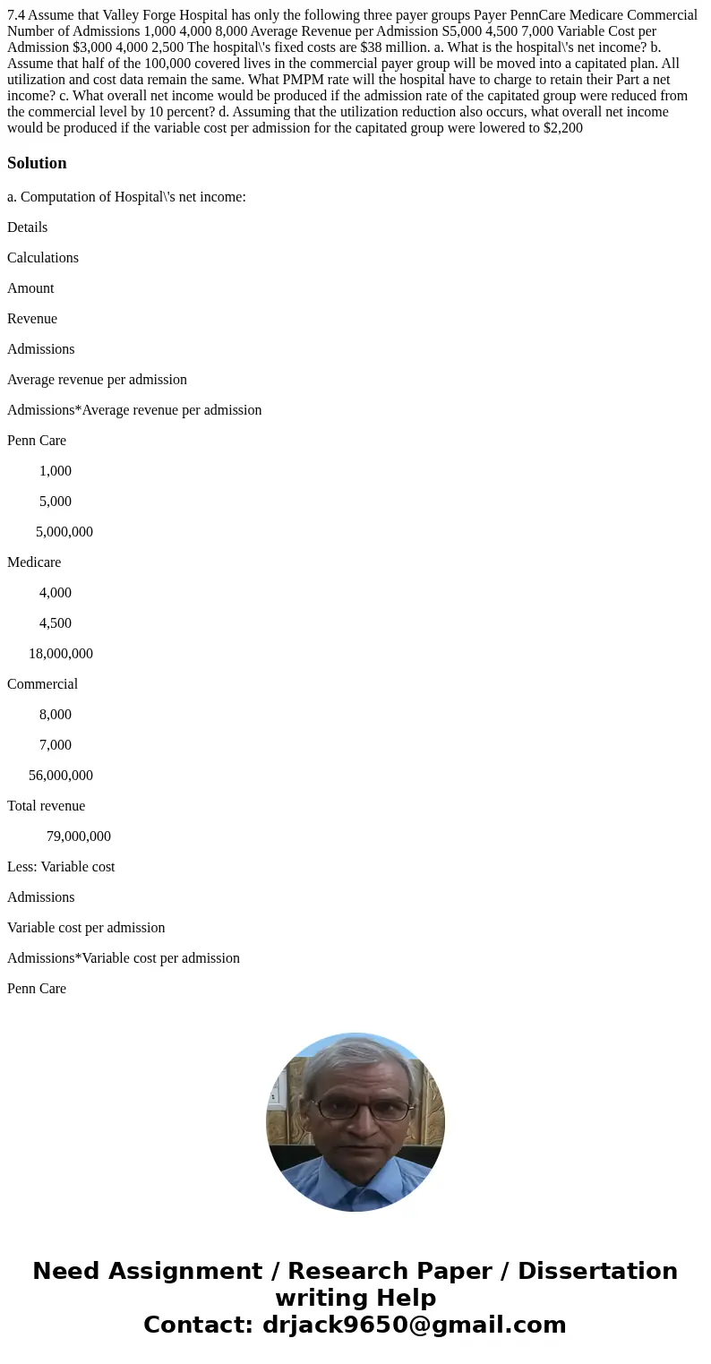  7.4 Assume that Valley Forge Hospital has only the following three payer groups Payer PennCare Medicare Commercial Number of Admissions 1,000 4,000 8,000 Avera