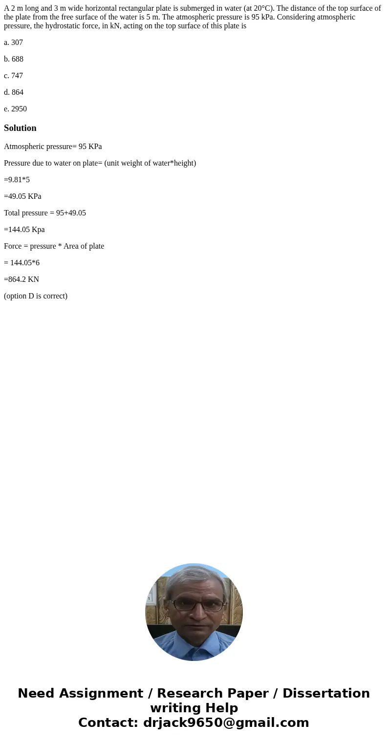 A 2 m long and 3 m wide horizontal rectangular plate is submerged in water (at 20°C). The distance of the top surface of the plate from the free surface of the 