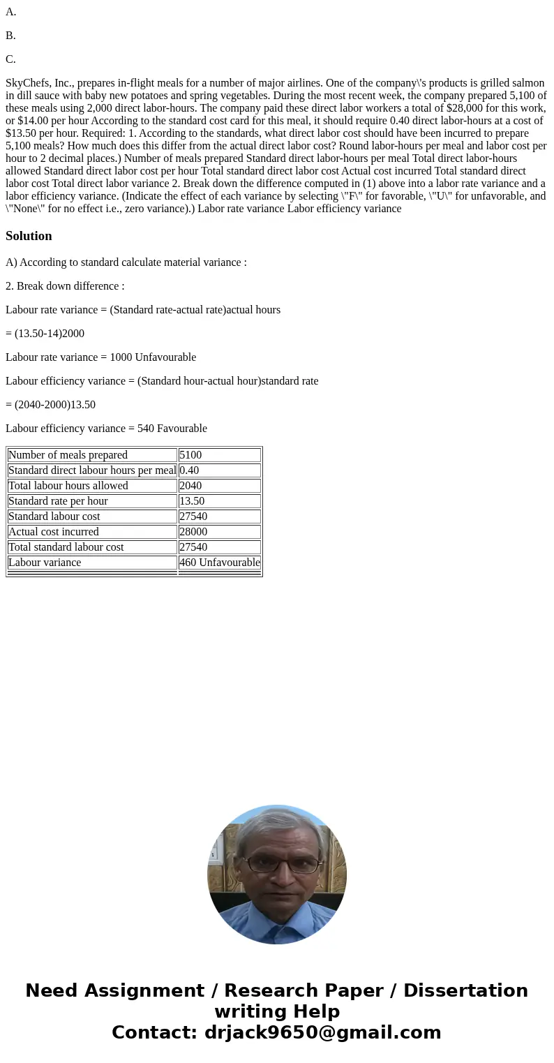 A. B. C. SkyChefs, Inc., prepares in-flight meals for a number of major airlines. One of the company\'s products is grilled salmon in dill sauce with baby new p A. B. C. SkyChefs, Inc., prepares in-flight meals for a number of major airlines. One of the company\'s products is grilled salmon in dill sauce with baby new p