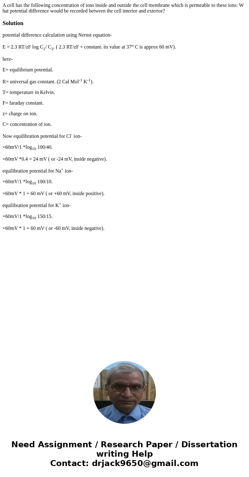  A cell has the following concentration of ions inside and outside the cell membrane which is permeable to these ions: W hat potential difference would be recor