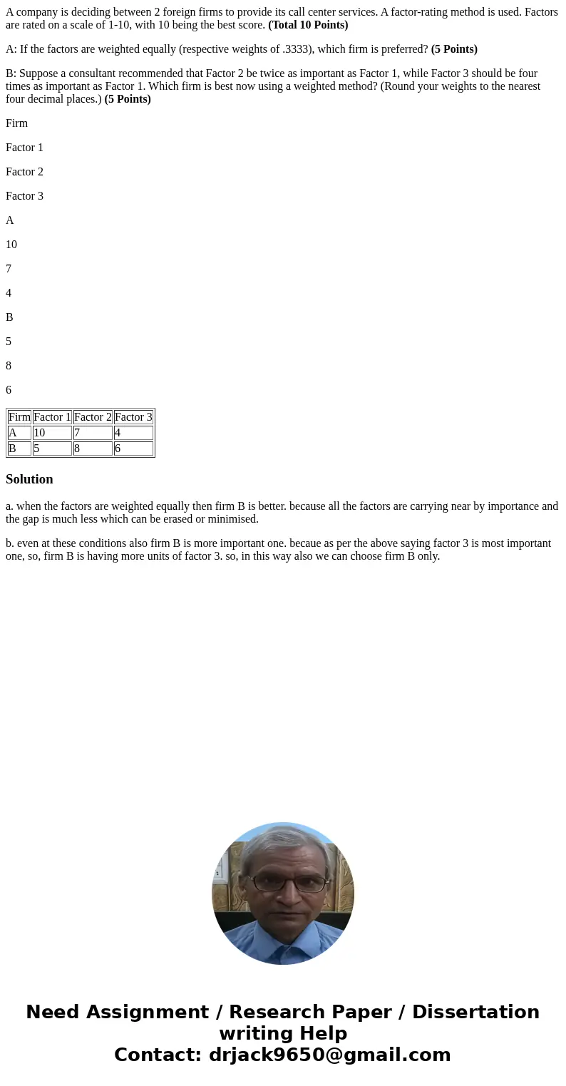 A company is deciding between 2 foreign firms to provide its call center services. A factor-rating method is used. Factors are rated on a scale of 1-10, with 10 A company is deciding between 2 foreign firms to provide its call center services. A factor-rating method is used. Factors are rated on a scale of 1-10, with 10