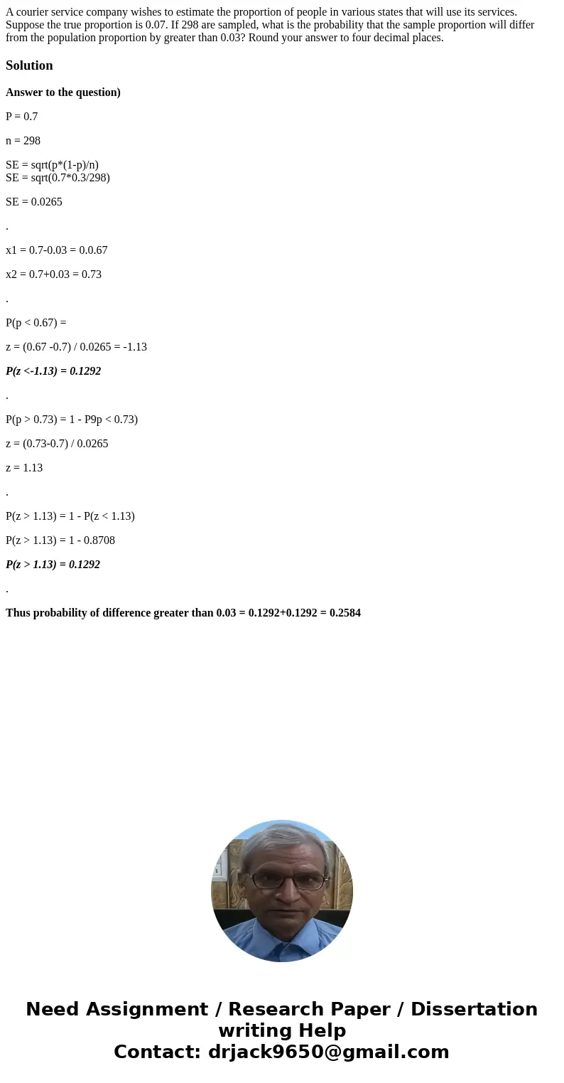 A courier service company wishes to estimate the proportion of people in various states that will use its services. Suppose the true proportion is 0.07. If 298 
