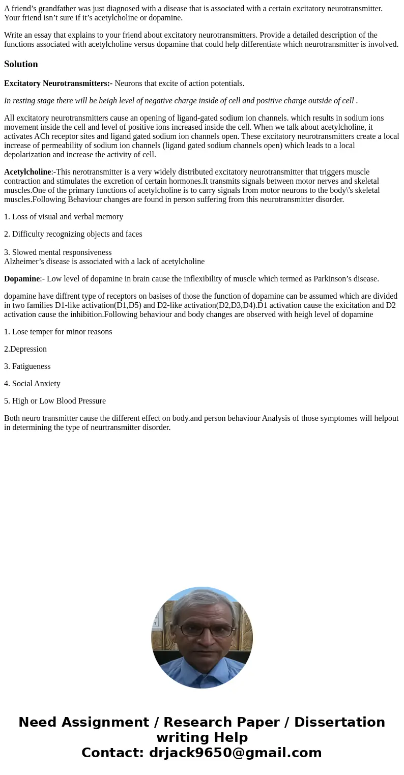 A friend’s grandfather was just diagnosed with a disease that is associated with a certain excitatory neurotransmitter. Your friend isn’t sure if it’s acetylcho A friend’s grandfather was just diagnosed with a disease that is associated with a certain excitatory neurotransmitter. Your friend isn’t sure if it’s acetylcho