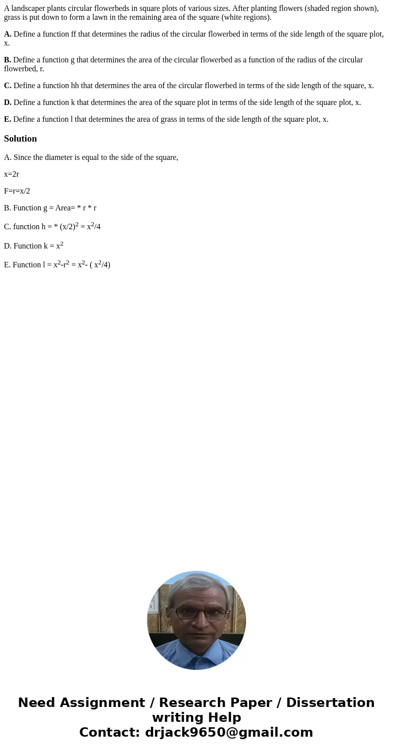 A landscaper plants circular flowerbeds in square plots of various sizes. After planting flowers (shaded region shown), grass is put down to form a lawn in the 