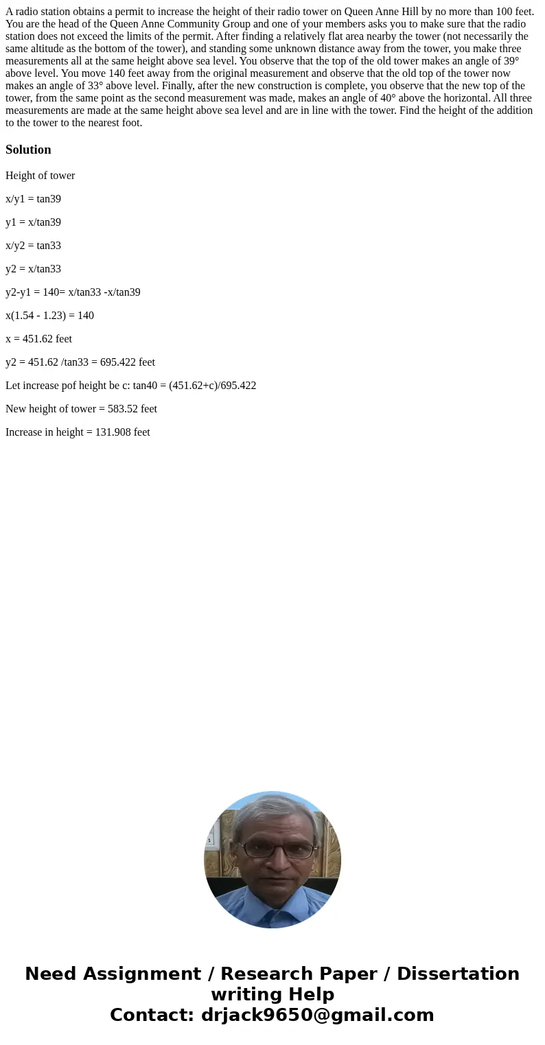 A radio station obtains a permit to increase the height of their radio tower on Queen Anne Hill by no more than 100 feet. You are the head of the Queen Anne Com