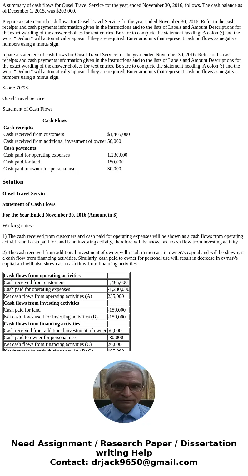 A summary of cash flows for Ousel Travel Service for the year ended November 30, 2016, follows. The cash balance as of December 1, 2015, was $203,000. Prepare a