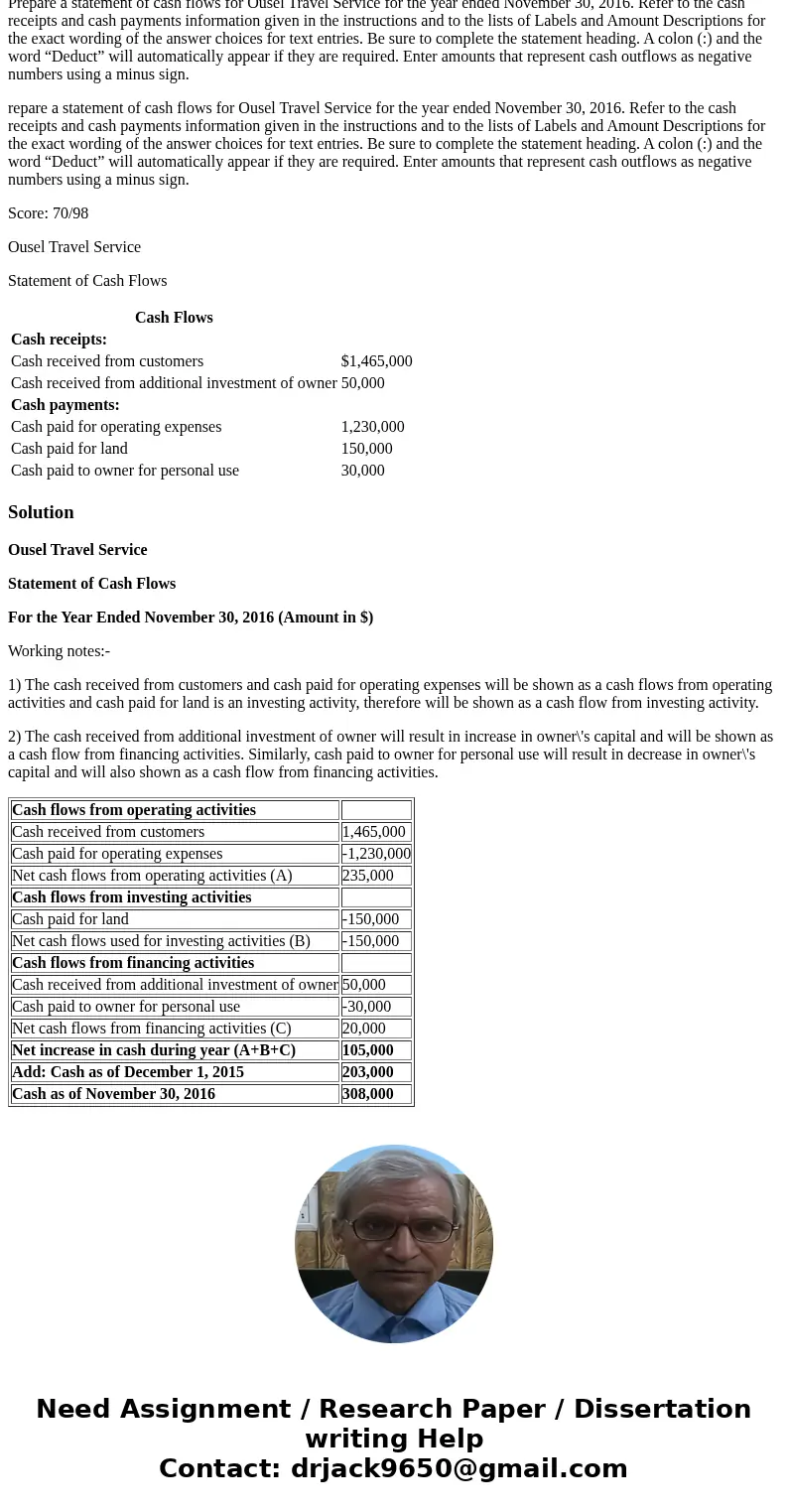 A summary of cash flows for Ousel Travel Service for the year ended November 30, 2016, follows. The cash balance as of December 1, 2015, was $203,000. Prepare a