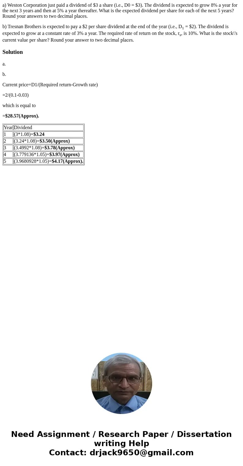 a) Weston Corporation just paid a dividend of $3 a share (i.e., D0 = $3). The dividend is expected to grow 8% a year for the next 3 years and then at 5% a year 