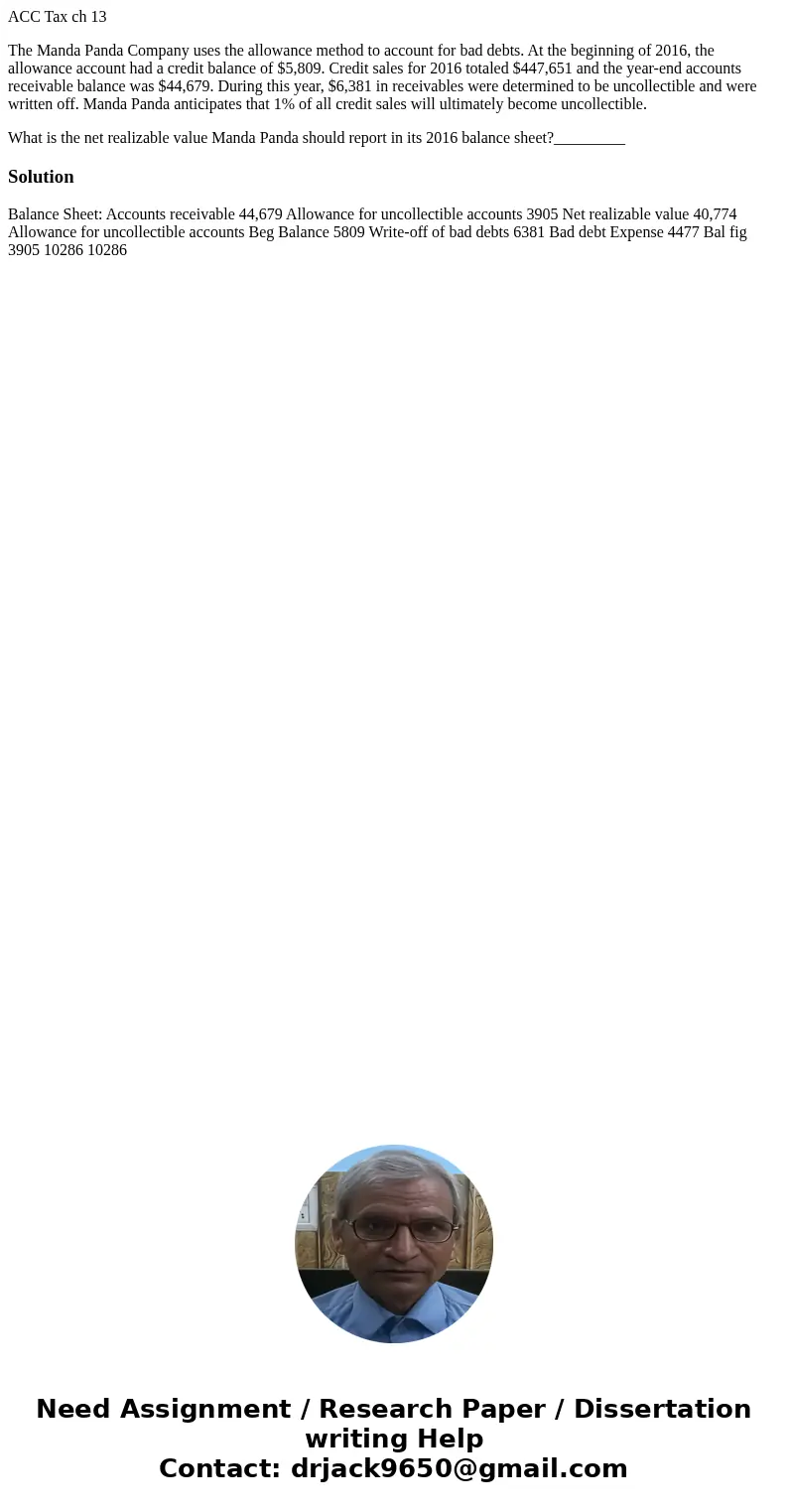 ACC Tax ch 13 The Manda Panda Company uses the allowance method to account for bad debts. At the beginning of 2016, the allowance account had a credit balance o ACC Tax ch 13 The Manda Panda Company uses the allowance method to account for bad debts. At the beginning of 2016, the allowance account had a credit balance o