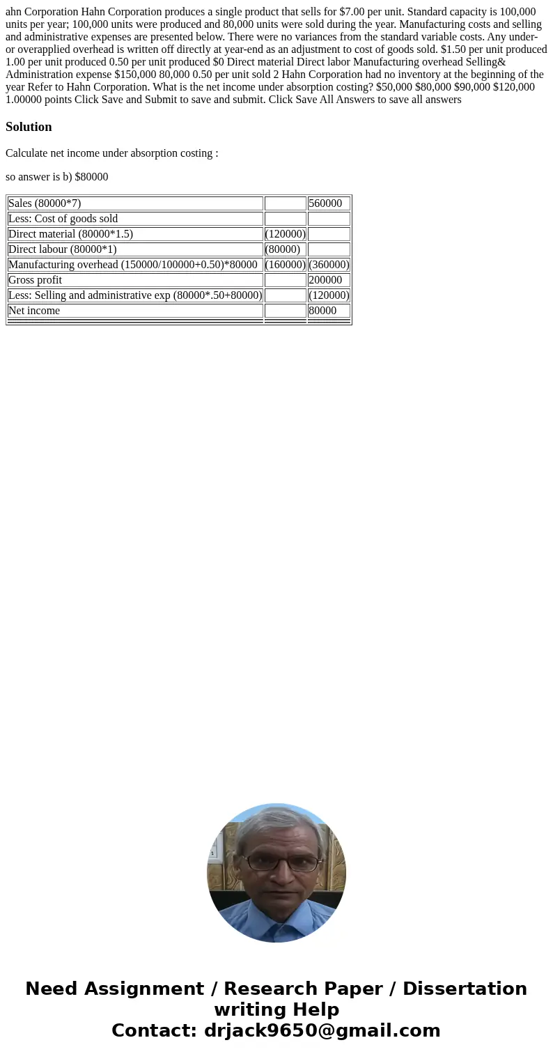 ahn Corporation Hahn Corporation produces a single product that sells for $7.00 per unit. Standard capacity is 100,000 units per year; 100,000 units were produ  ahn Corporation Hahn Corporation produces a single product that sells for $7.00 per unit. Standard capacity is 100,000 units per year; 100,000 units were produ