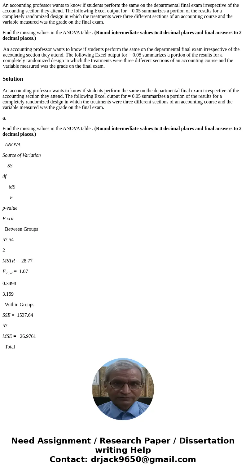 An accounting professor wants to know if students perform the same on the departmental final exam irrespective of the accounting section they attend. The follow