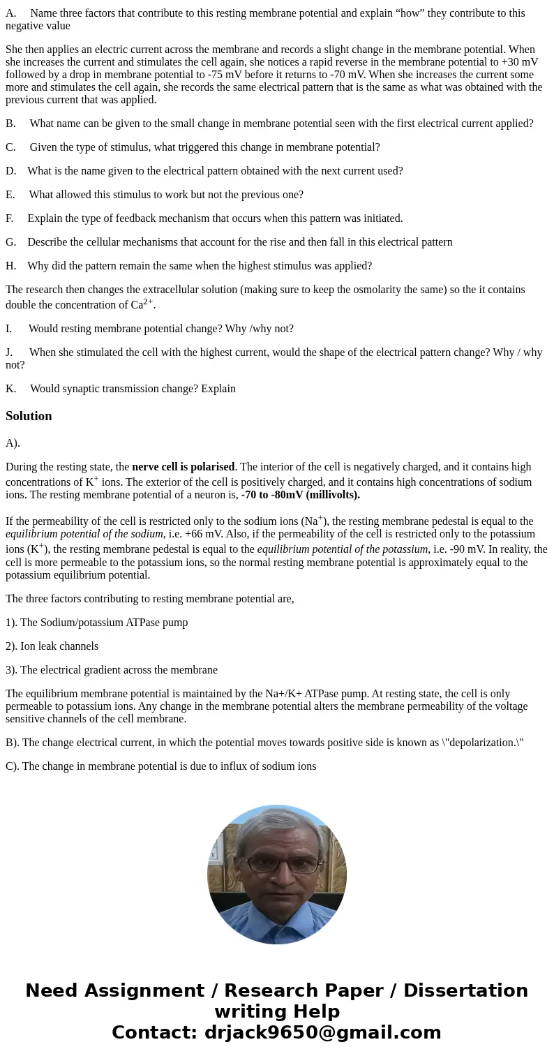 An electrophysiologist is studying the electrical properties of an isolated squid neuron placed in normal extracellular fluid. She places a recording electrode 