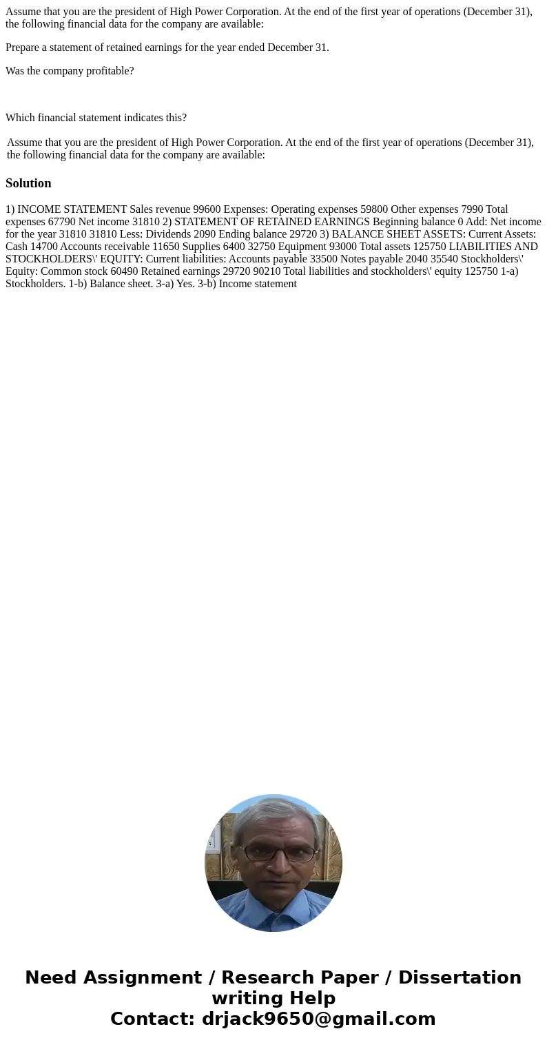 Assume that you are the president of High Power Corporation. At the end of the first year of operations (December 31), the following financial data for the comp Assume that you are the president of High Power Corporation. At the end of the first year of operations (December 31), the following financial data for the comp