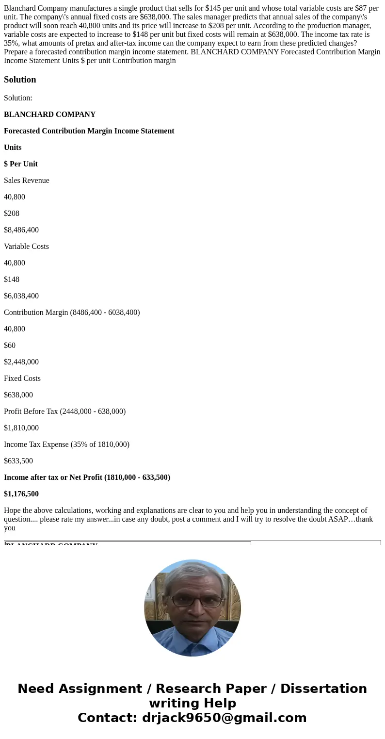  Blanchard Company manufactures a single product that sells for $145 per unit and whose total variable costs are $87 per unit. The company\'s annual fixed costs