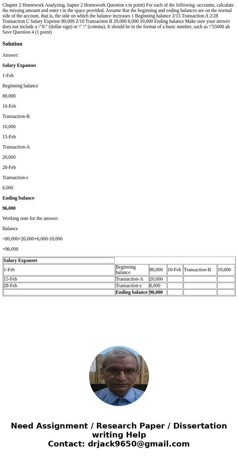  Chapter 2 Homework Analyzing. hapter 2 Homework Question s tn point) For each of the following -accounts, calculate the missing amount and enter t in the space