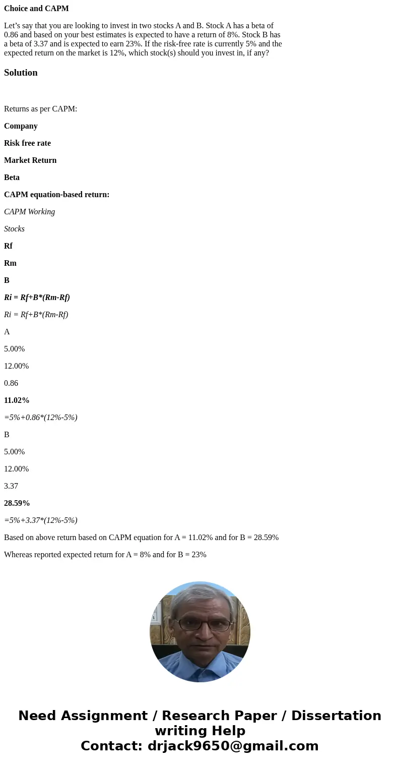 Choice and CAPM Let’s say that you are looking to invest in two stocks A and B. Stock A has a beta of 0.86 and based on your best estimates is expected to have  Choice and CAPM Let’s say that you are looking to invest in two stocks A and B. Stock A has a beta of 0.86 and based on your best estimates is expected to have