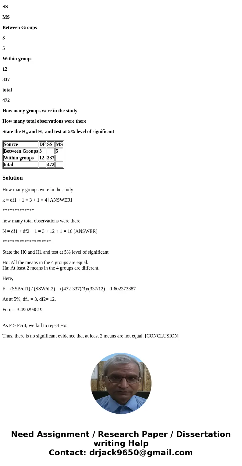 Complete the ANOVA table Source DF SS MS Between Groups 3 5 Within groups 12 337 total 472 How many groups were in the study How many total observations were th Complete the ANOVA table Source DF SS MS Between Groups 3 5 Within groups 12 337 total 472 How many groups were in the study How many total observations were th