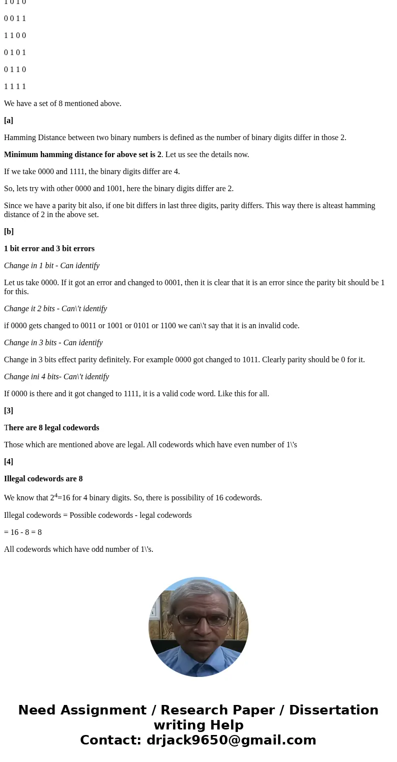 Consider all possible 3-bit datawords (totally 8). Recall a parity bit is a bit added to a string of binary code that indicates whether the number of 1-bits in 