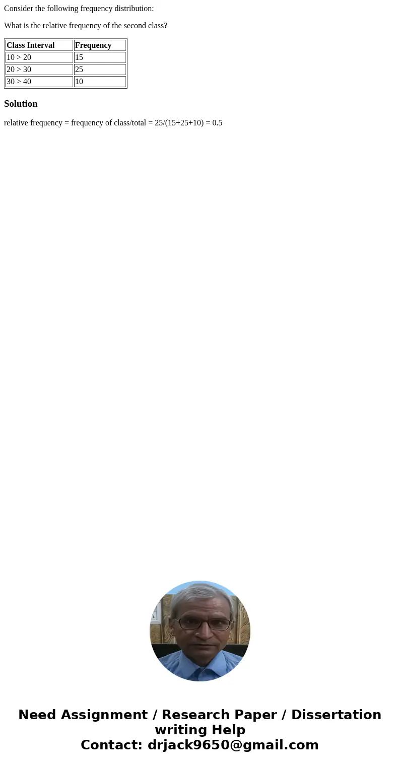Consider the following frequency distribution: What is the relative frequency of the second class? Class Interval Frequency 10 > 20 15 20 > 30 25 30 > 