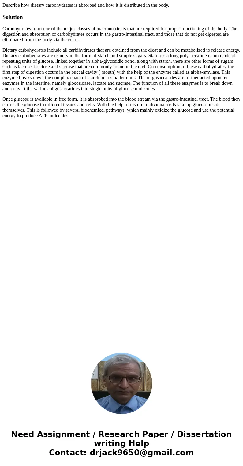 Describe how dietary carbohydrates is absorbed and how it is distributed in the body.SolutionCarbohydrates form one of the major classes of macronutrients that  Describe how dietary carbohydrates is absorbed and how it is distributed in the body.SolutionCarbohydrates form one of the major classes of macronutrients that