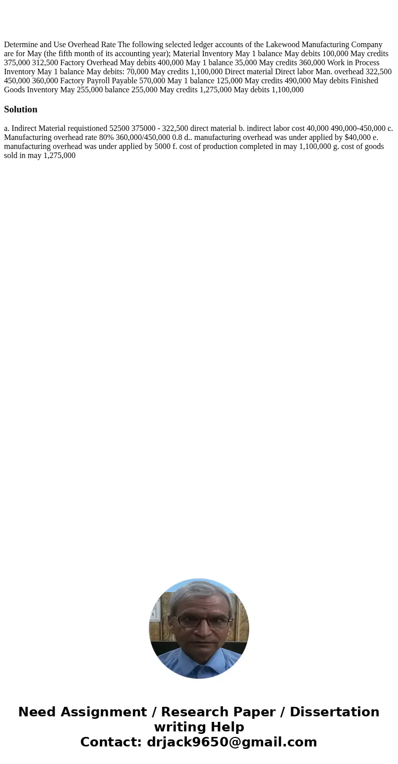  Determine and Use Overhead Rate The following selected ledger accounts of the Lakewood Manufacturing Company are for May (the fifth month of its accounting yea