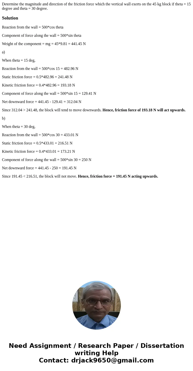  Determine the magnitude and direction of the friction force which the vertical wall exerts on the 45 kg block if theta = 15 degree and theta = 30 degree. Solut