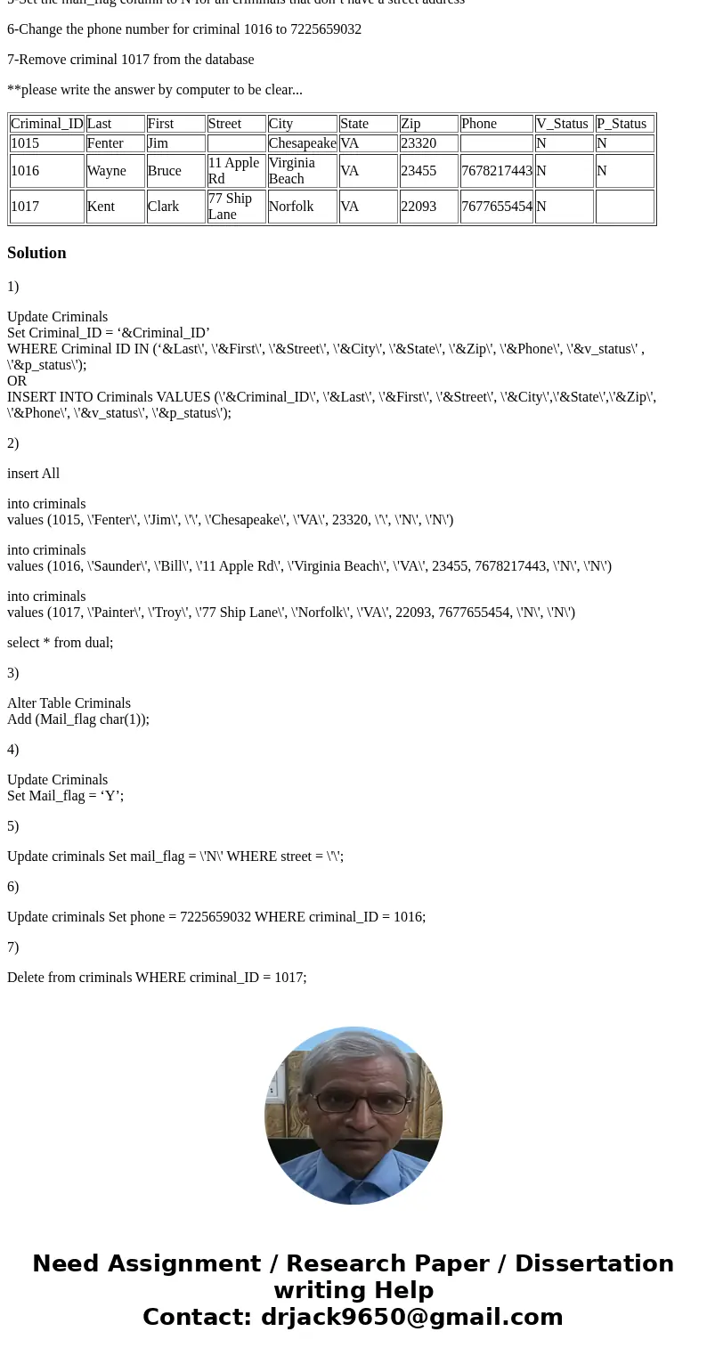-DML Queries and the Where clause “Using the ssh, Oracle database 11g” Use CityJail_5.sql for these queries 1-Create a script to allow a user to add new crimina