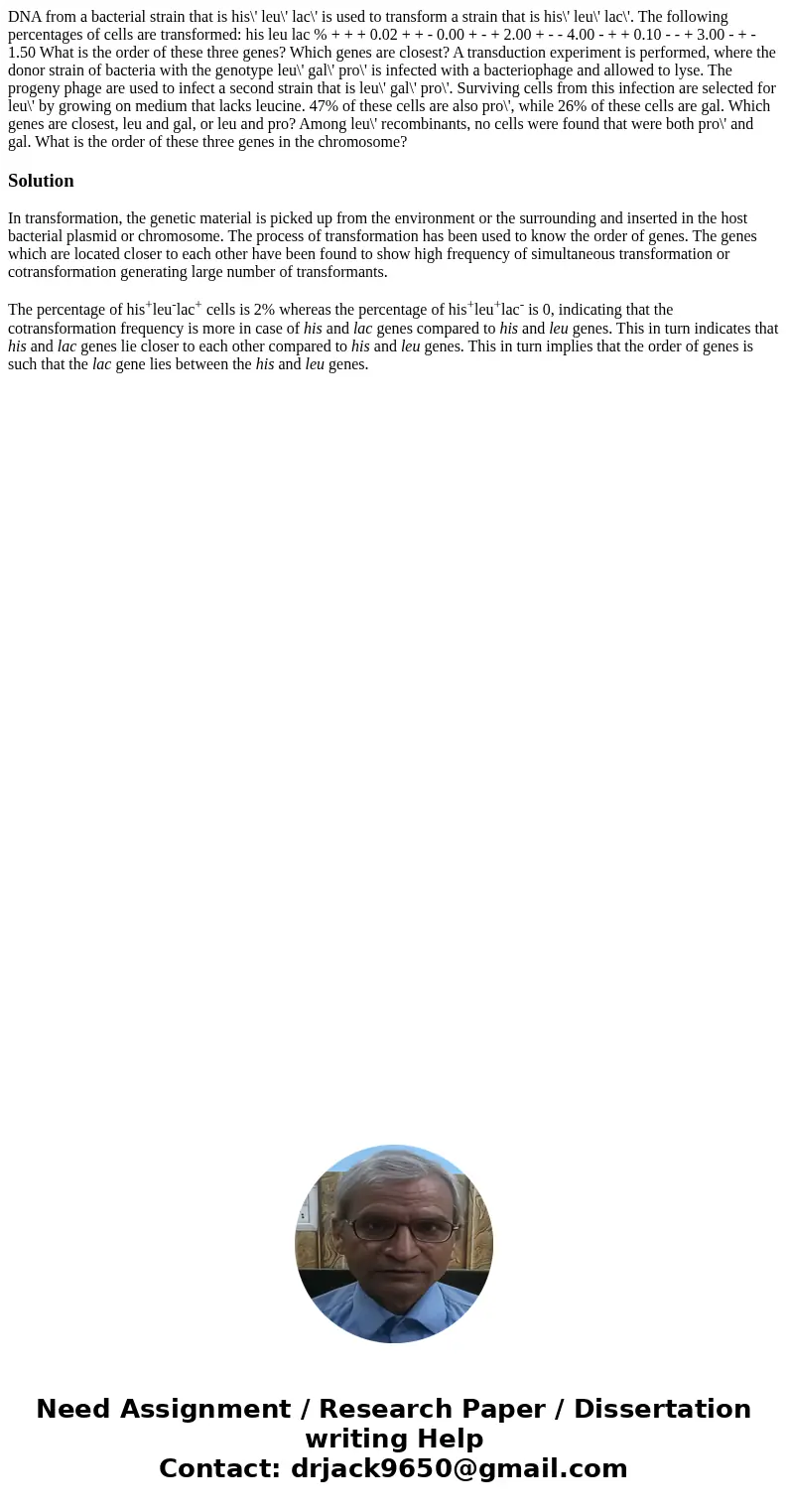  DNA from a bacterial strain that is his\' leu\' lac\' is used to transform a strain that is his\' leu\' lac\'. The following percentages of cells are transform