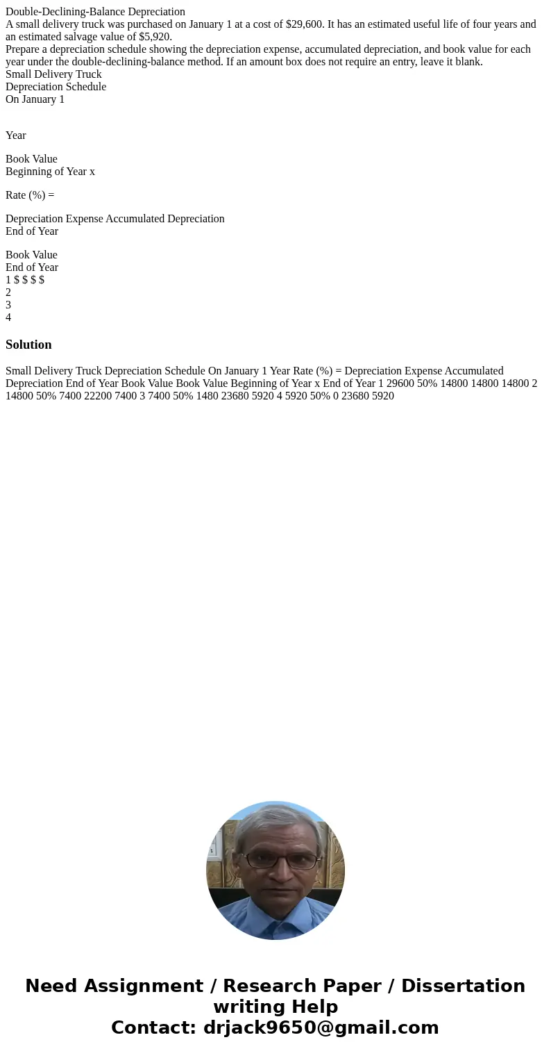 Double-Declining-Balance Depreciation A small delivery truck was purchased on January 1 at a cost of $29,600. It has an estimated useful life of four years and  Double-Declining-Balance Depreciation A small delivery truck was purchased on January 1 at a cost of $29,600. It has an estimated useful life of four years and