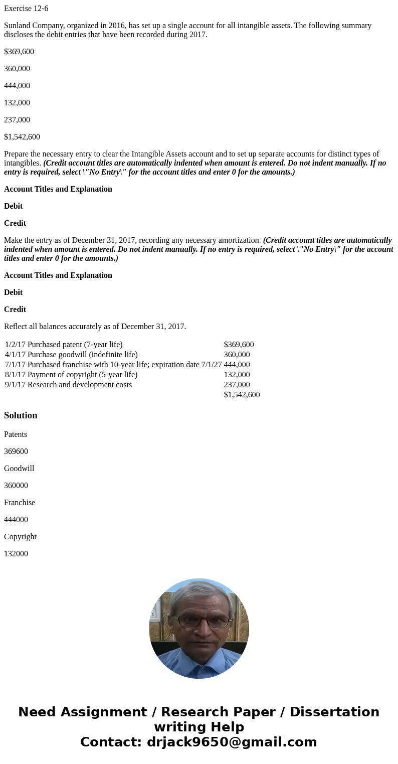 Exercise 12-6 Sunland Company, organized in 2016, has set up a single account for all intangible assets. The following summary discloses the debit entries that 