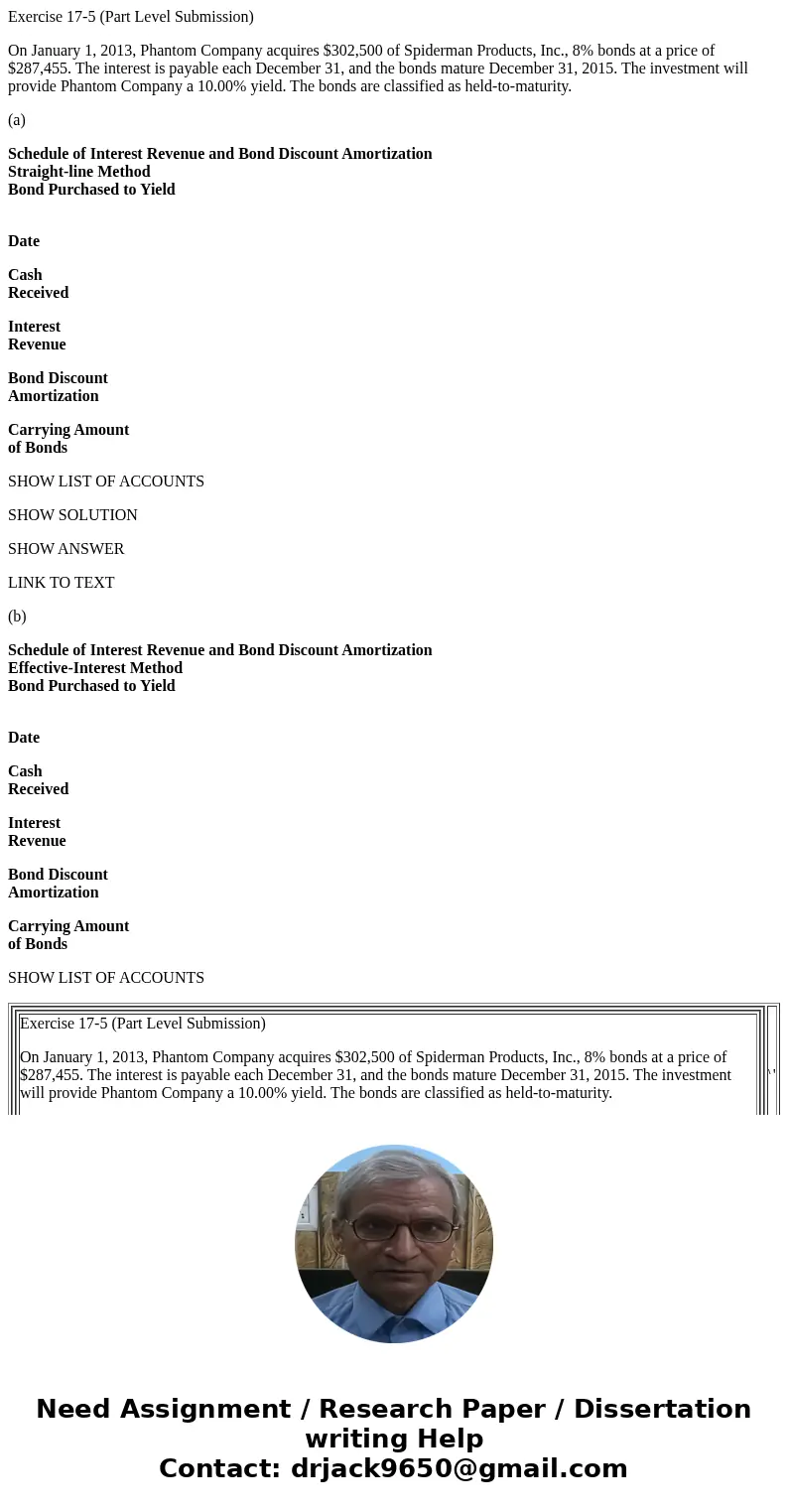 Exercise 17-5 (Part Level Submission) On January 1, 2013, Phantom Company acquires $302,500 of Spiderman Products, Inc., 8% bonds at a price of $287,455. The in