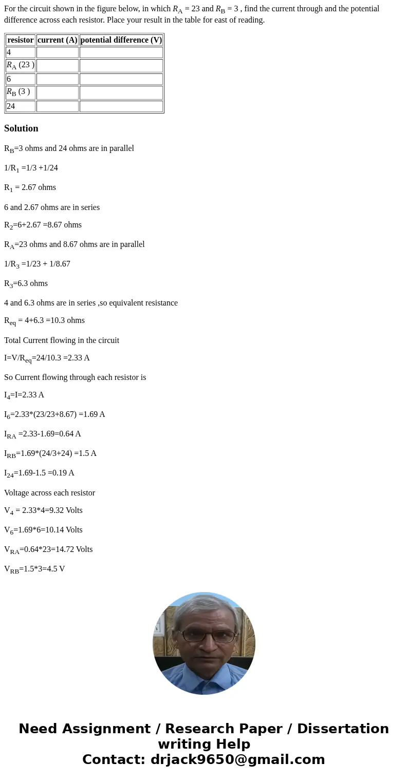 For the circuit shown in the figure below, in which RA = 23 and RB = 3 , find the current through and the potential difference across each resistor. Place your 