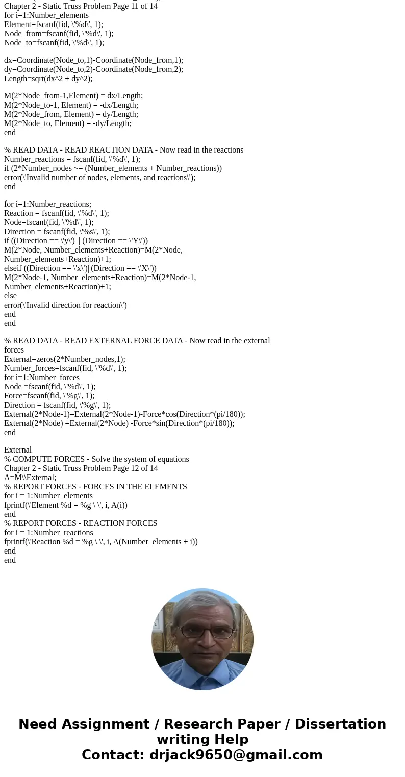 For the truss structures shown below, create a MATLAB program that will determine the internal forces in the structural members. Print out the reactions, the me
