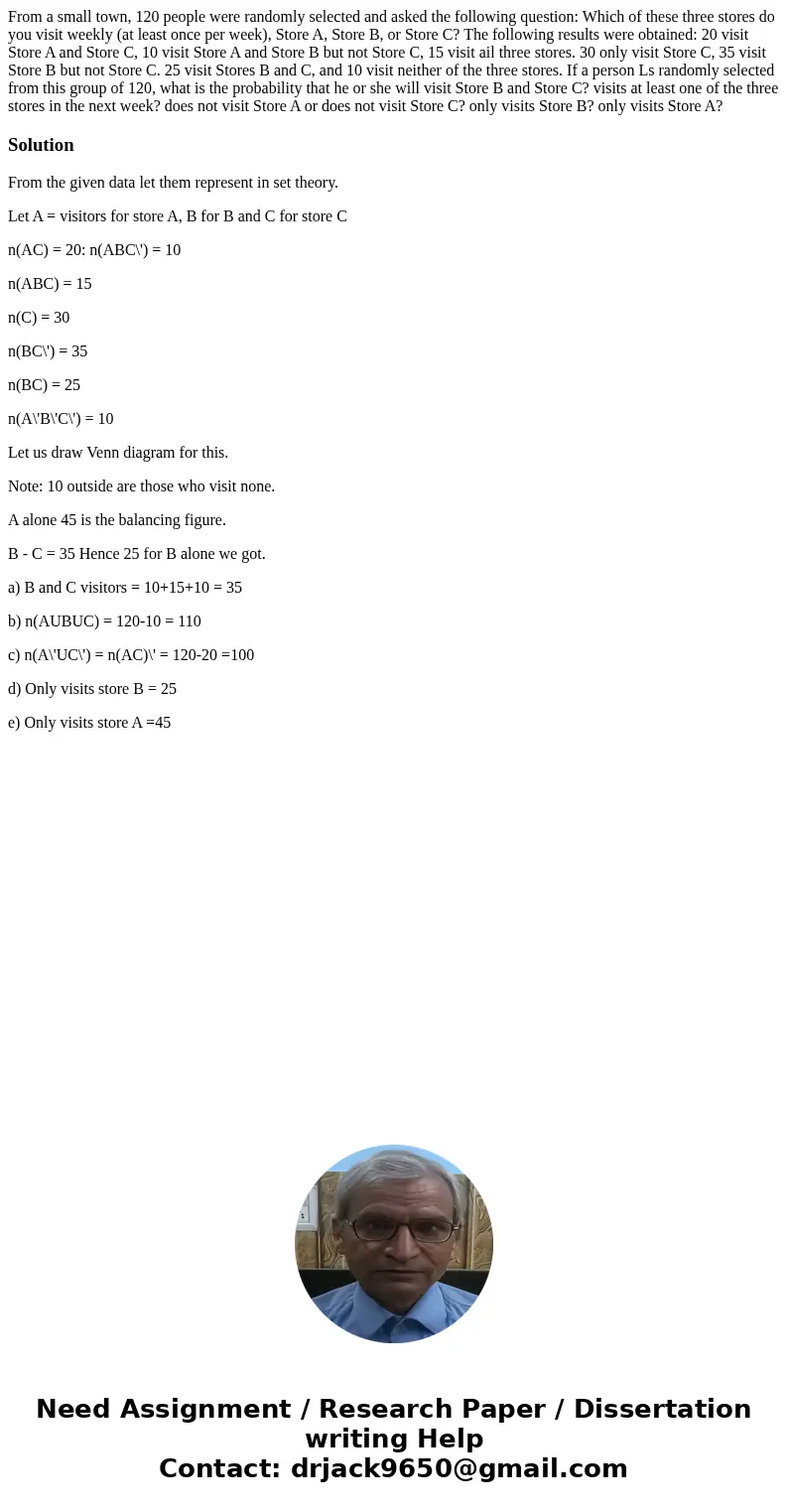 From a small town, 120 people were randomly selected and asked the following question: Which of these three stores do you visit weekly (at least once per week)  From a small town, 120 people were randomly selected and asked the following question: Which of these three stores do you visit weekly (at least once per week)