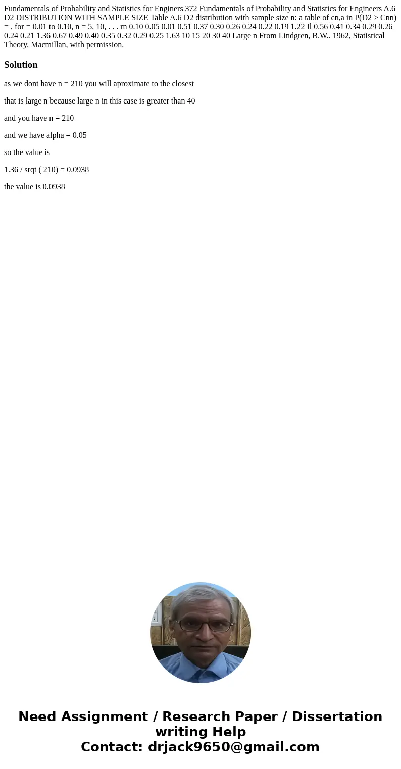  Fundamentals of Probability and Statistics for Enginers 372 Fundamentals of Probability and Statistics for Engineers A.6 D2 DISTRIBUTION WITH SAMPLE SIZE Table