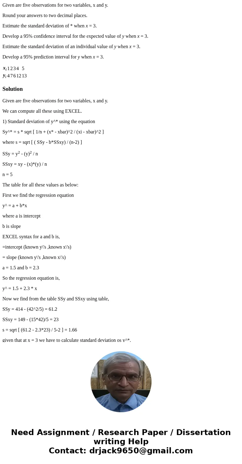 Given are five observations for two variables, x and y. Round your answers to two decimal places. Estimate the standard deviation of * when x = 3. Develop a 95%