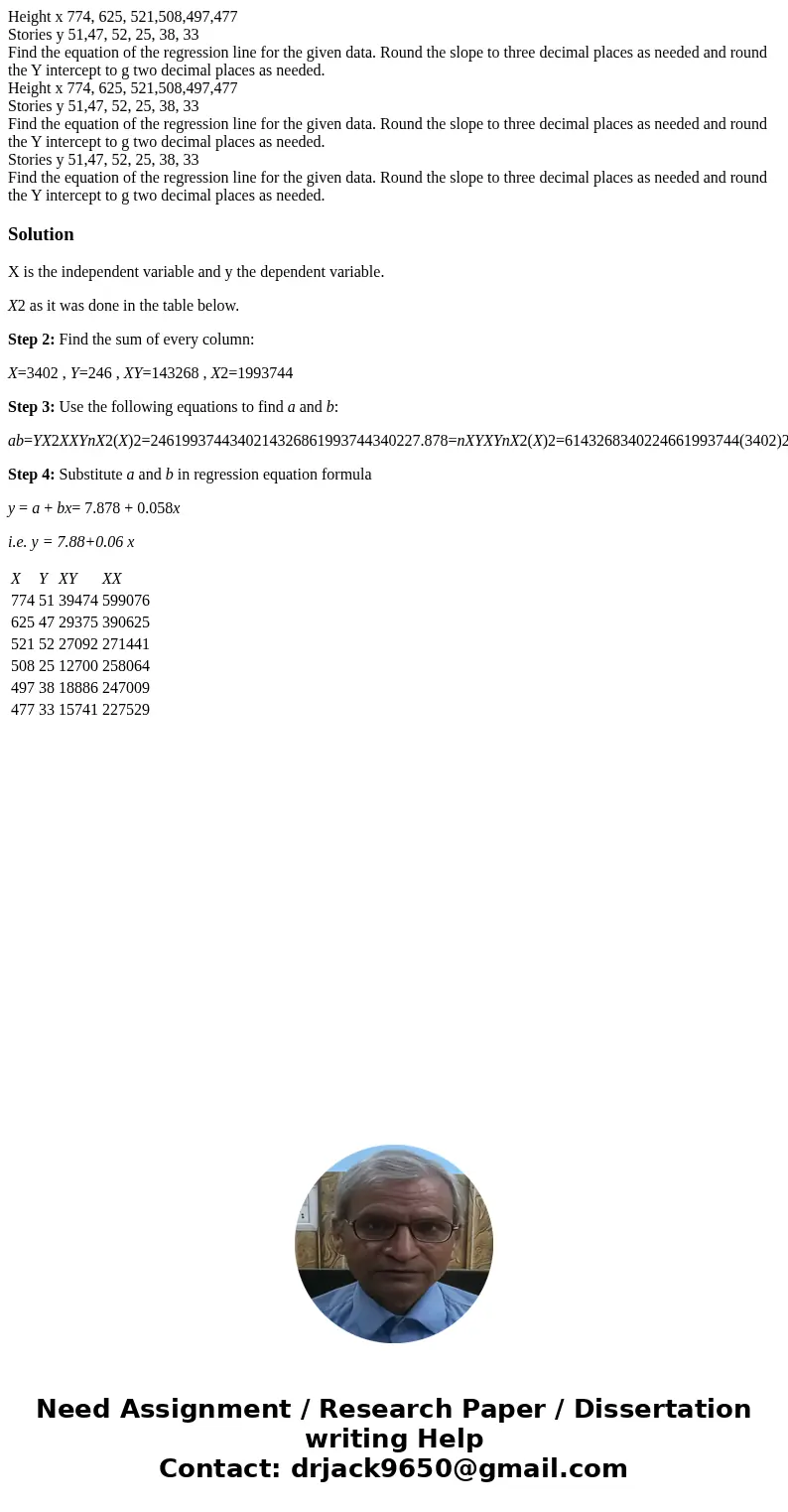 Height x 774, 625, 521,508,497,477 Stories y 51,47, 52, 25, 38, 33 Find the equation of the regression line for the given data. Round the slope to three decima  Height x 774, 625, 521,508,497,477 Stories y 51,47, 52, 25, 38, 33 Find the equation of the regression line for the given data. Round the slope to three decima