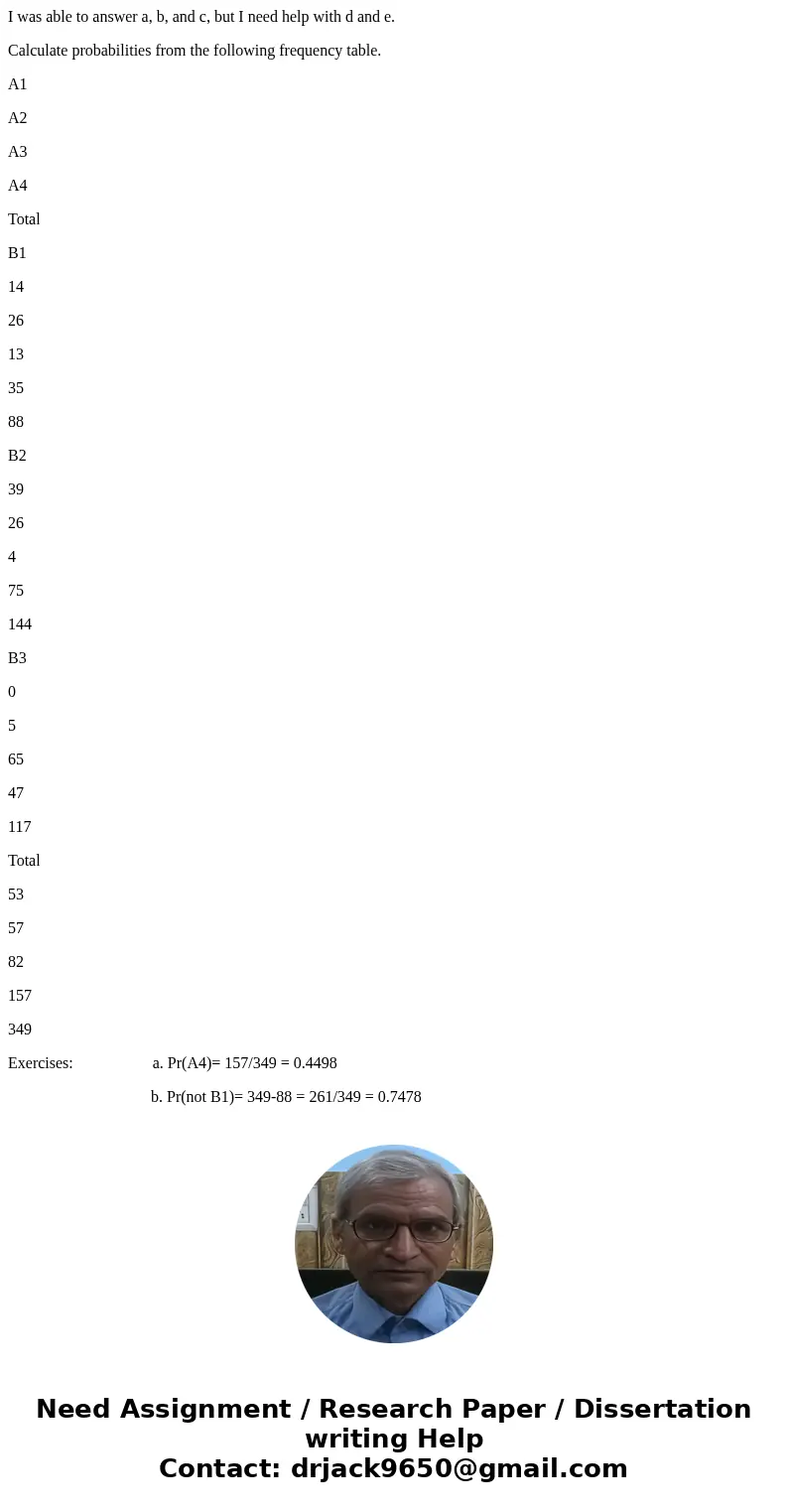 I was able to answer a, b, and c, but I need help with d and e. Calculate probabilities from the following frequency table. A1 A2 A3 A4 Total B1 14 26 13 35 88  I was able to answer a, b, and c, but I need help with d and e. Calculate probabilities from the following frequency table. A1 A2 A3 A4 Total B1 14 26 13 35 88