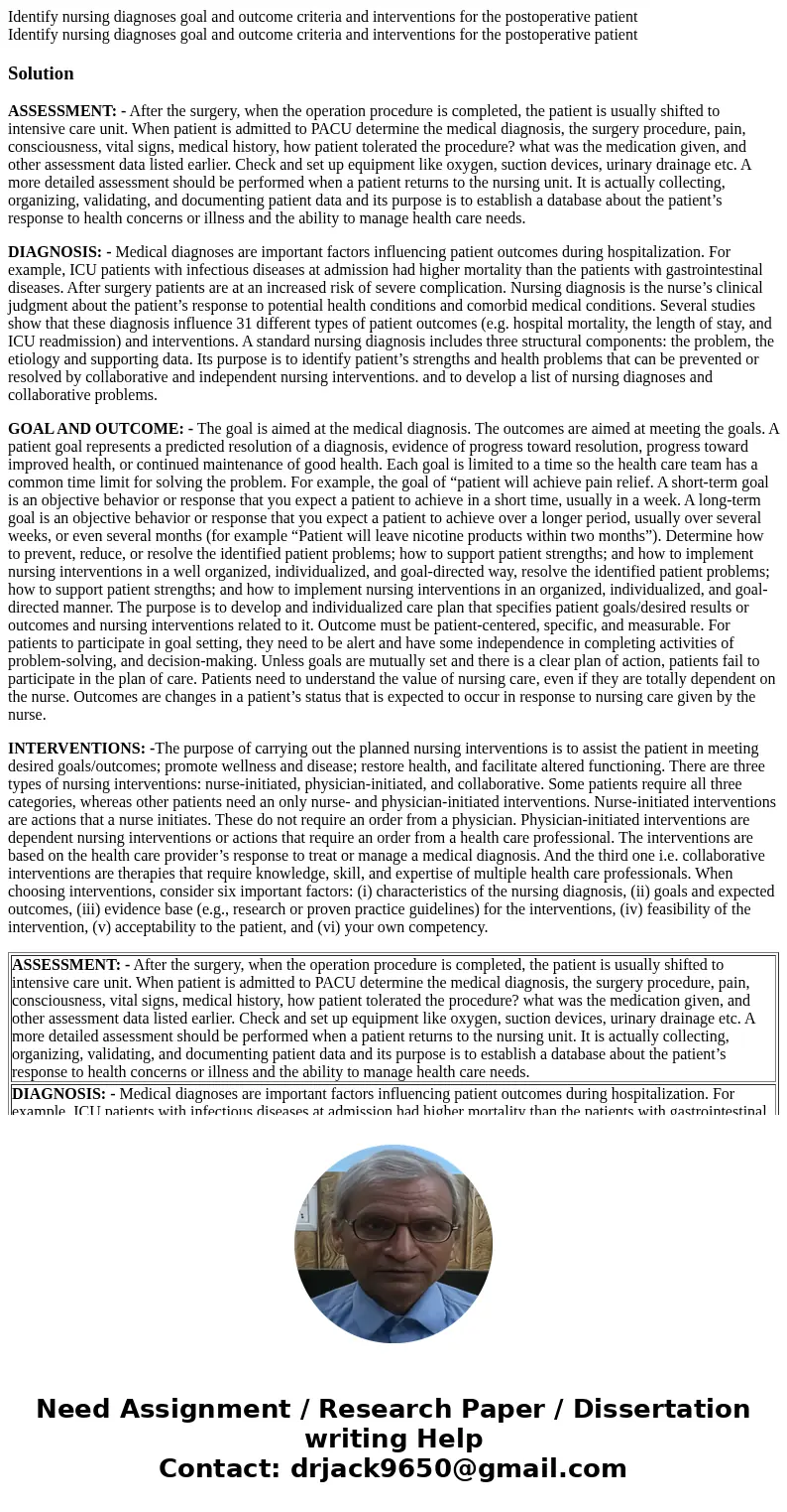  Identify nursing diagnoses goal and outcome criteria and interventions for the postoperative patient Identify nursing diagnoses goal and outcome criteria and i