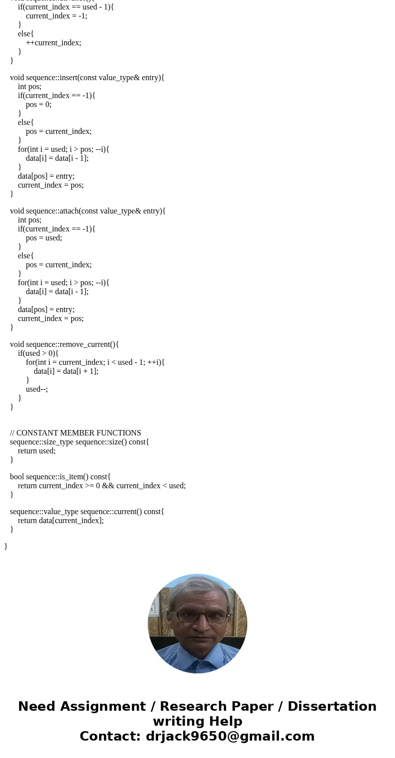 Implement the sequence class from Section 3.2 of the textbook. The documentation and definition portion of this sequence ADT is provided in textbook (pp.124-133 Implement the sequence class from Section 3.2 of the textbook. The documentation and definition portion of this sequence ADT is provided in textbook (pp.124-133