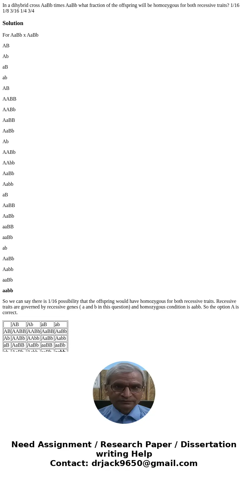 In a dihybrid cross AaBb times AaBb what fraction of the offspring will be homozygous for both recessive traits? 1/16 1/8 3/16 1/4 3/4SolutionFor AaBb x AaBb A In a dihybrid cross AaBb times AaBb what fraction of the offspring will be homozygous for both recessive traits? 1/16 1/8 3/16 1/4 3/4SolutionFor AaBb x AaBb A