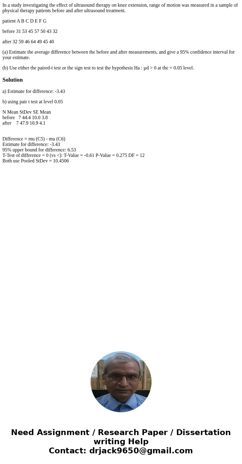 In a study investigating the effect of ultrasound therapy on knee extension, range of motion was measured in a sample of physical therapy patients before and af In a study investigating the effect of ultrasound therapy on knee extension, range of motion was measured in a sample of physical therapy patients before and af