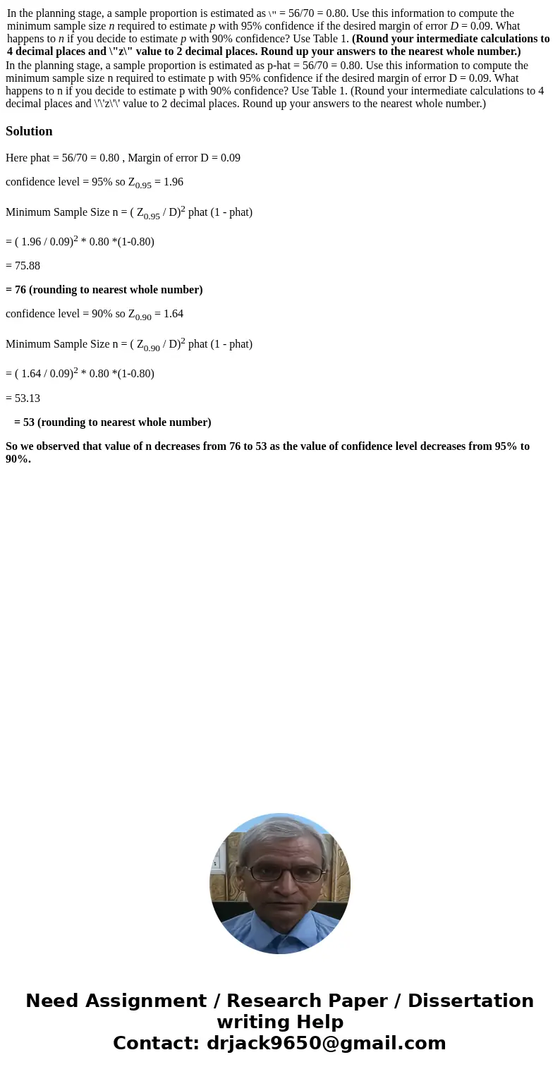  In the planning stage, a sample proportion is estimated as = 56/70 = 0.80. Use this information to compute the minimum sample size n required to estimate p wit