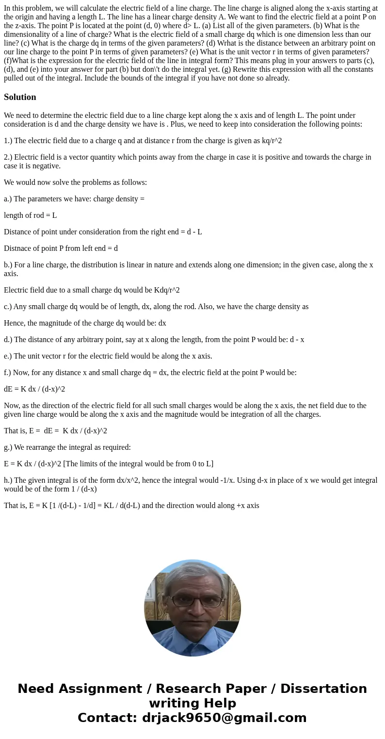  In this problem, we will calculate the electric field of a line charge. The line charge is aligned along the x-axis starting at the origin and having a length 