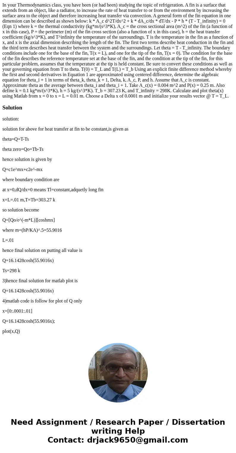 In your Thermodynamics class, you have been (or had been) studying the topic of refrigeration. A fin is a surface that extends from an object, like a radiator,  In your Thermodynamics class, you have been (or had been) studying the topic of refrigeration. A fin is a surface that extends from an object, like a radiator,