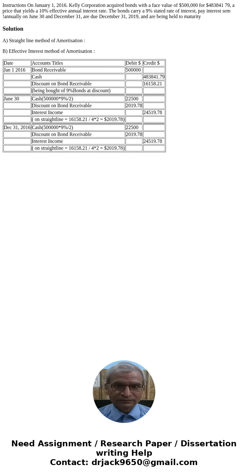 Instructions On January 1, 2016. Kelly Corporation acquired bonds with a face value of $500,000 for $483841 79, a price that yields a 10% effective annual inte  Instructions On January 1, 2016. Kelly Corporation acquired bonds with a face value of $500,000 for $483841 79, a price that yields a 10% effective annual inte