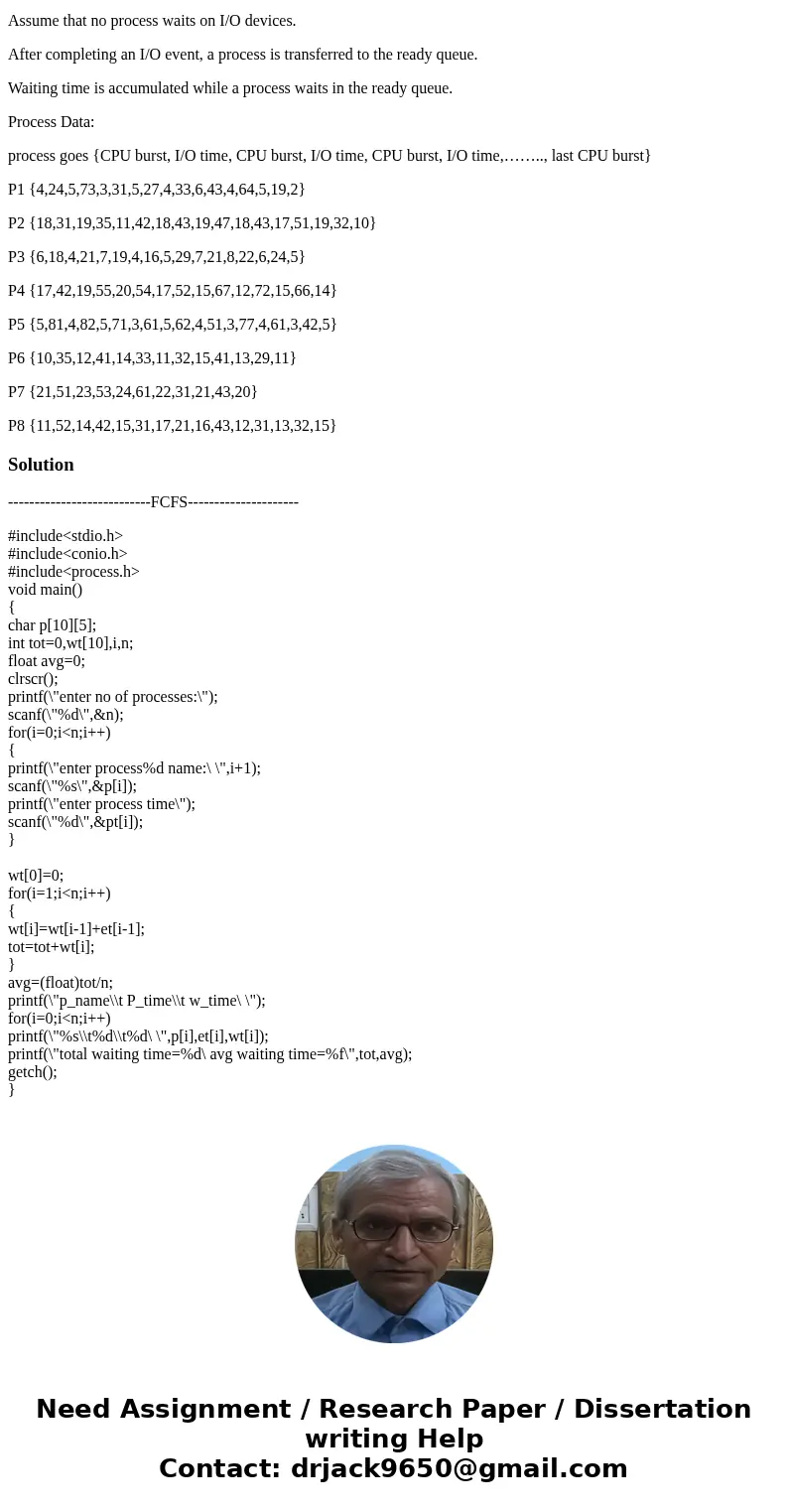 just FCFS for now , I\'ll post for the other 2 at later questions, Do it in c++ or c#. I provided what it should result to. Implement the following 3 CPU schedu