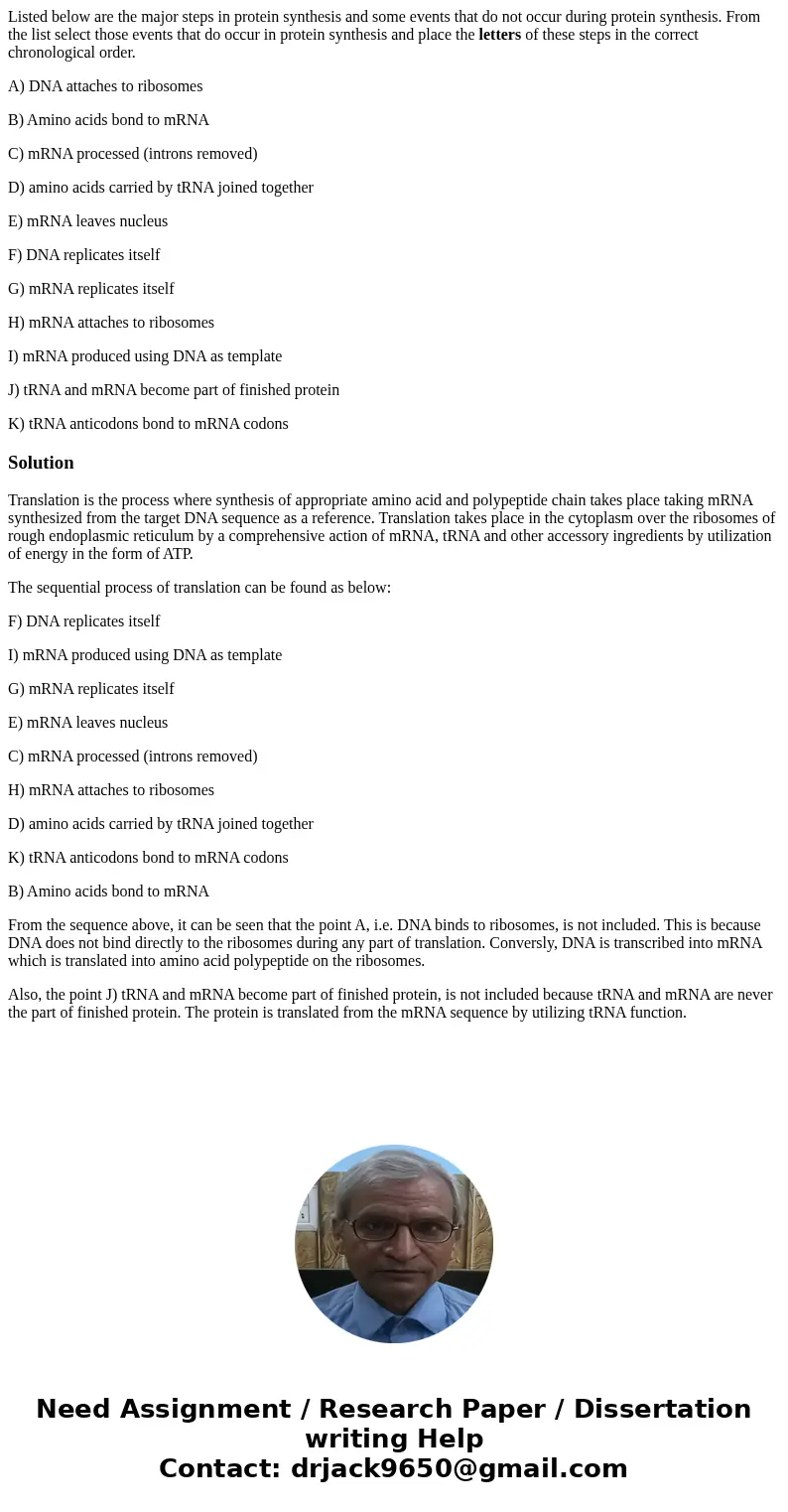 Listed below are the major steps in protein synthesis and some events that do not occur during protein synthesis. From the list select those events that do occu